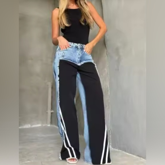 NEW WOMEN’S PATCHWORK STRIPED DENIM JEANS - Picture 2 of 3